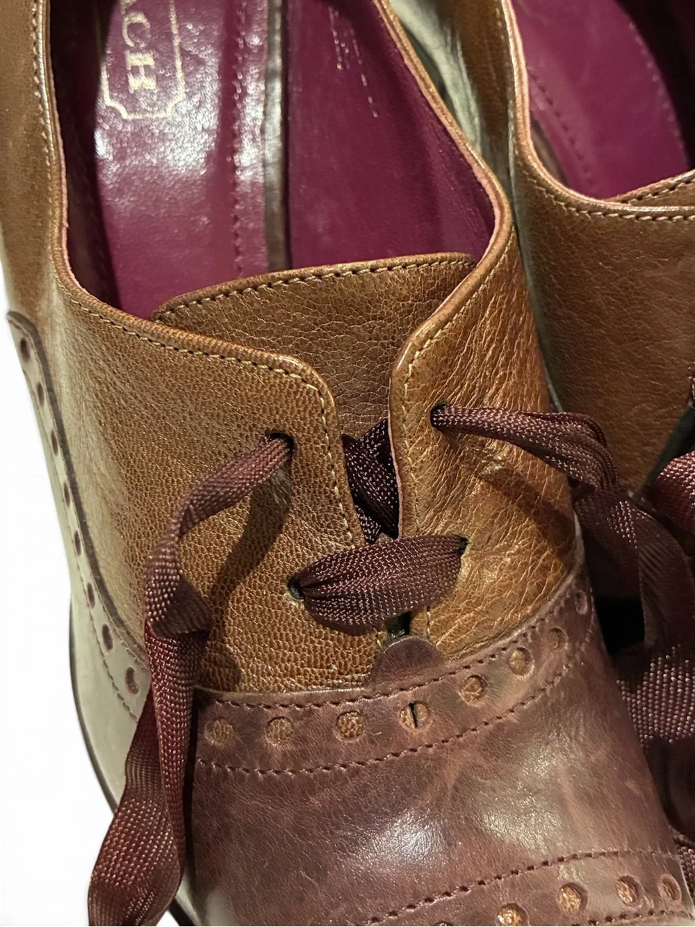 Vintage Coach Claudine leather peep toe lace front spectator heels. 7.5